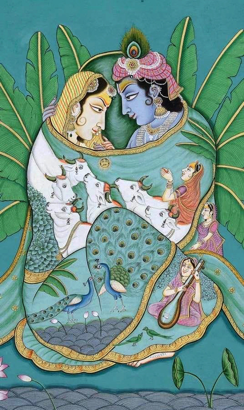 Radha und Krishna, eingehüllt in einen Sari mit Motiven aus dem Alltag der Kuhhirten