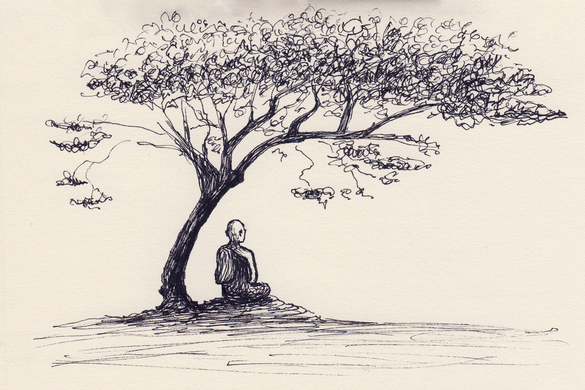Zeichnung von einem buddhistischen Mönch unter einem Baum in Meditation